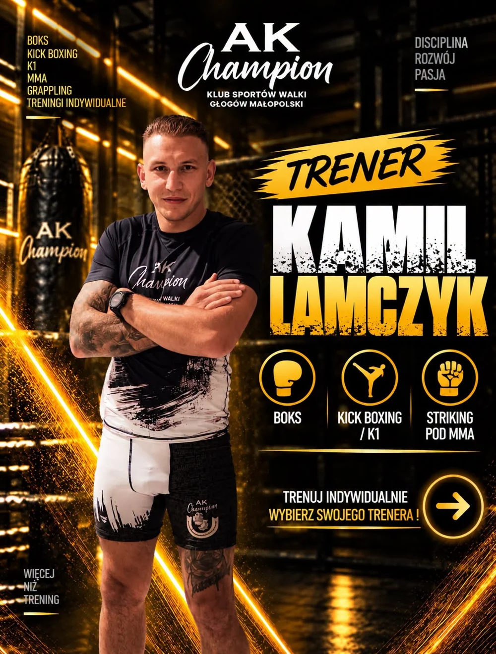 Trener Kamil Lamczyk — Boks · Kick-boxing / K1 · Striking pod MMA. Trenuj indywidualnie, wybierz swojego trenera.